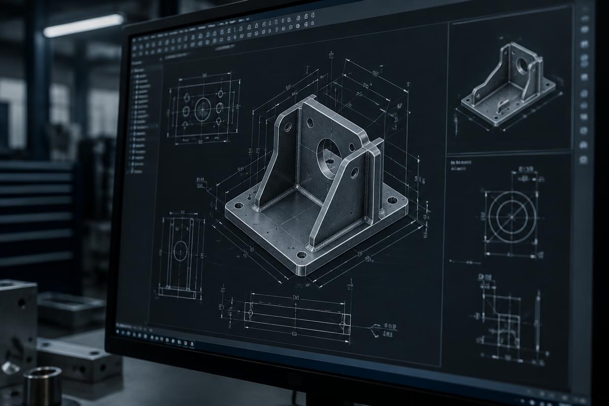 3D CAD-model met maten en technische annotaties op een scherm