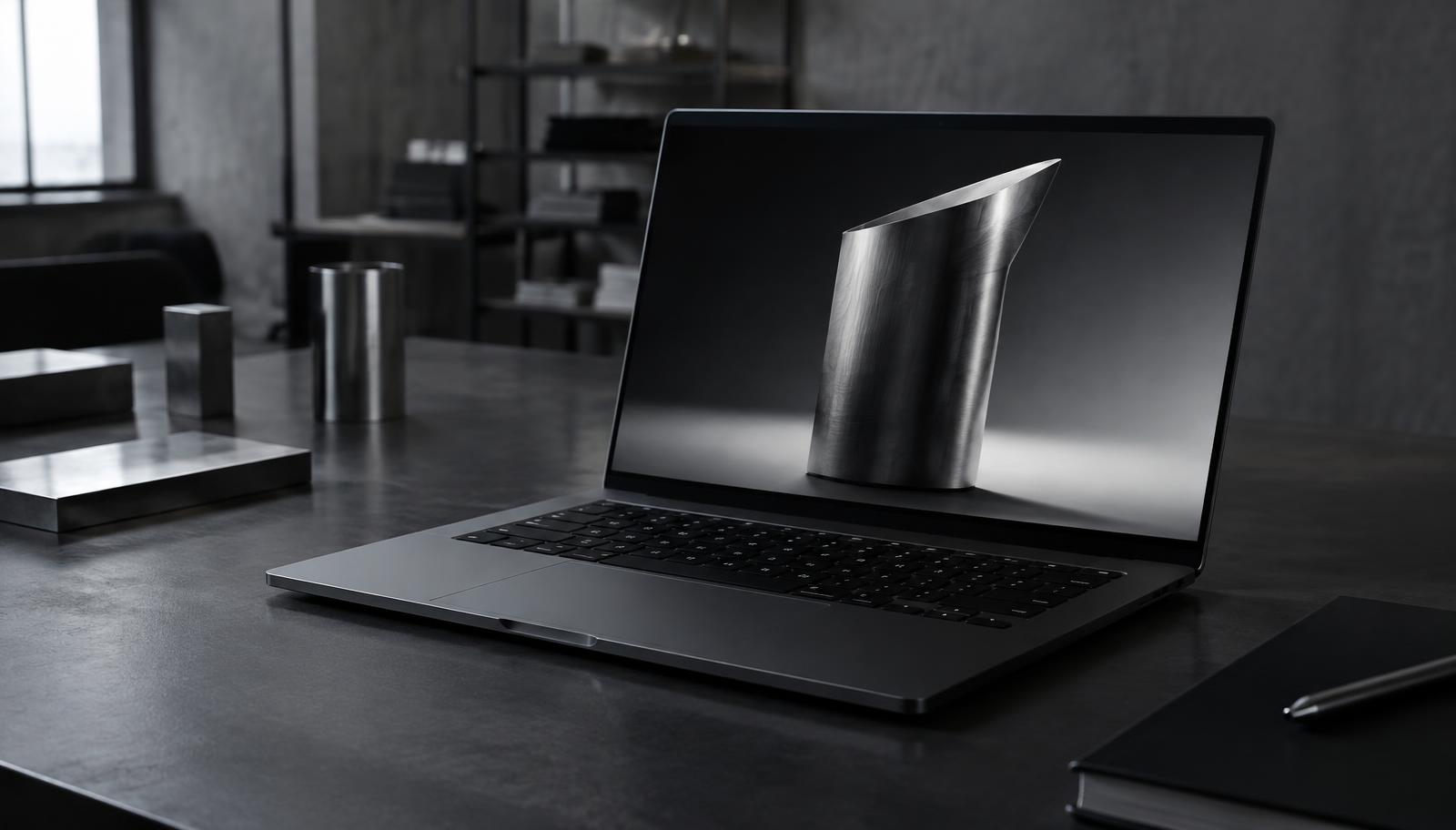 Laptop met een AI-gegenereerde render van een stalen productidee