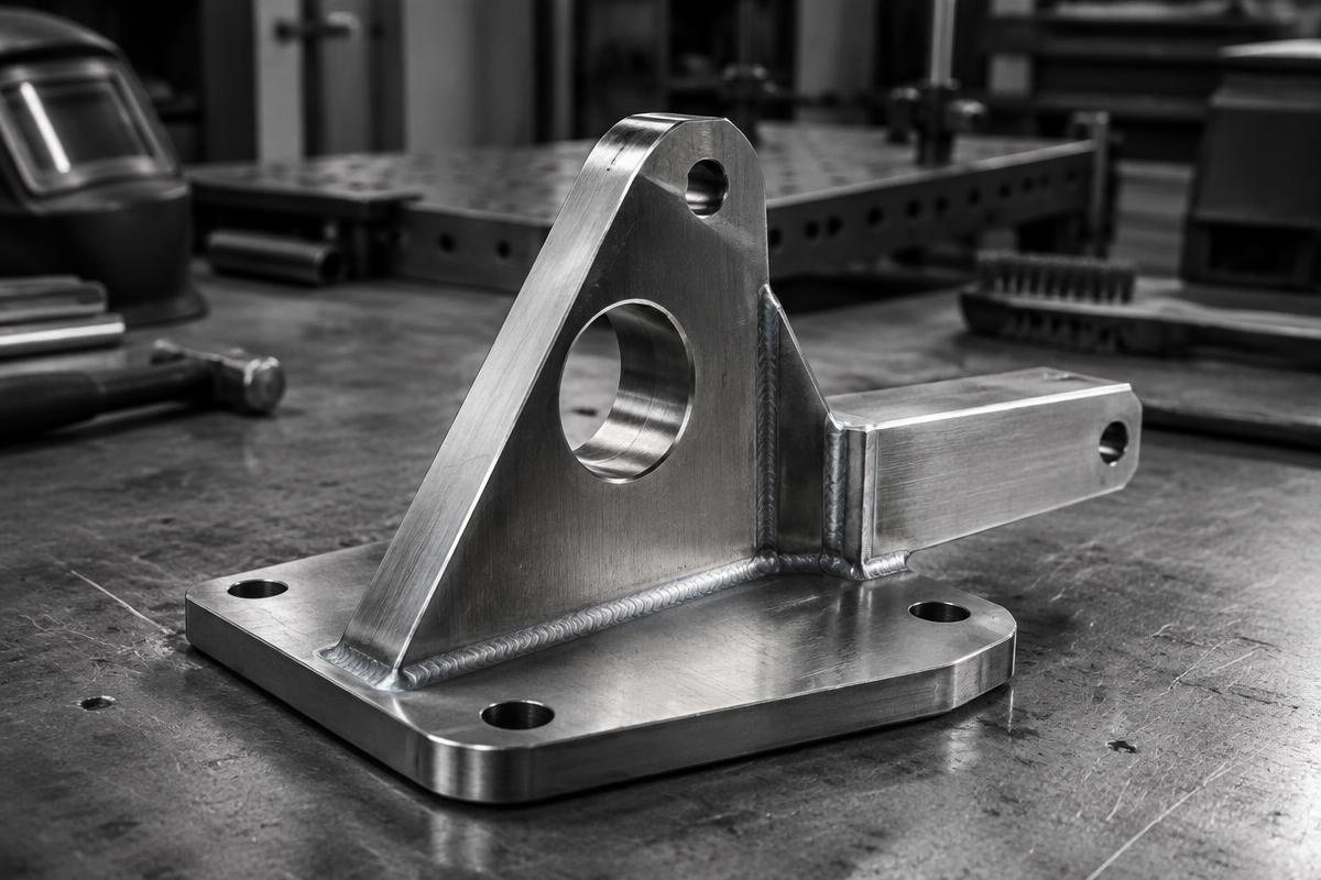 Vers gelast stalen prototype op de werkbank in de werkplaats
